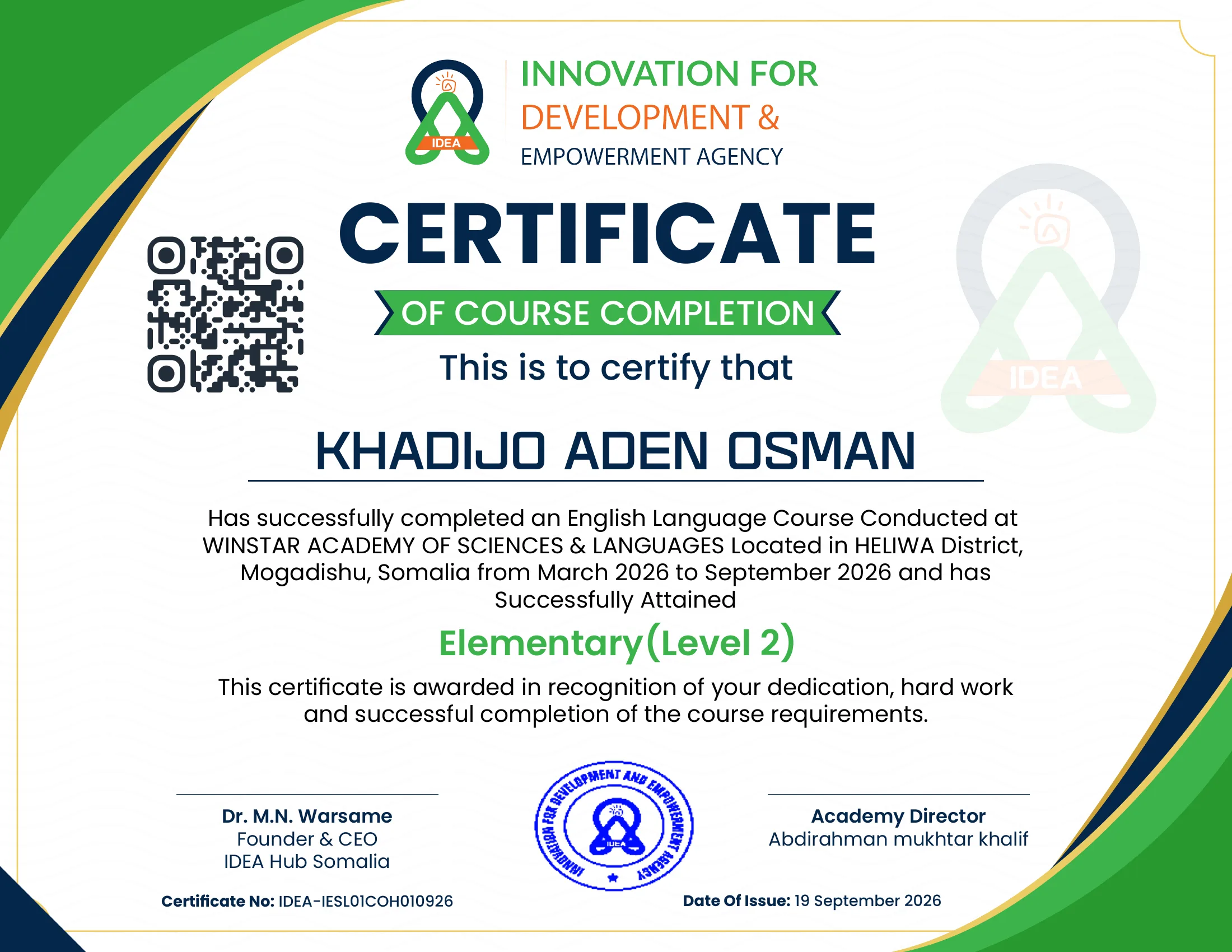 Certificate of Course Completion awarded to Khadijo Aden Osman, IESL Elementary (Level 2)